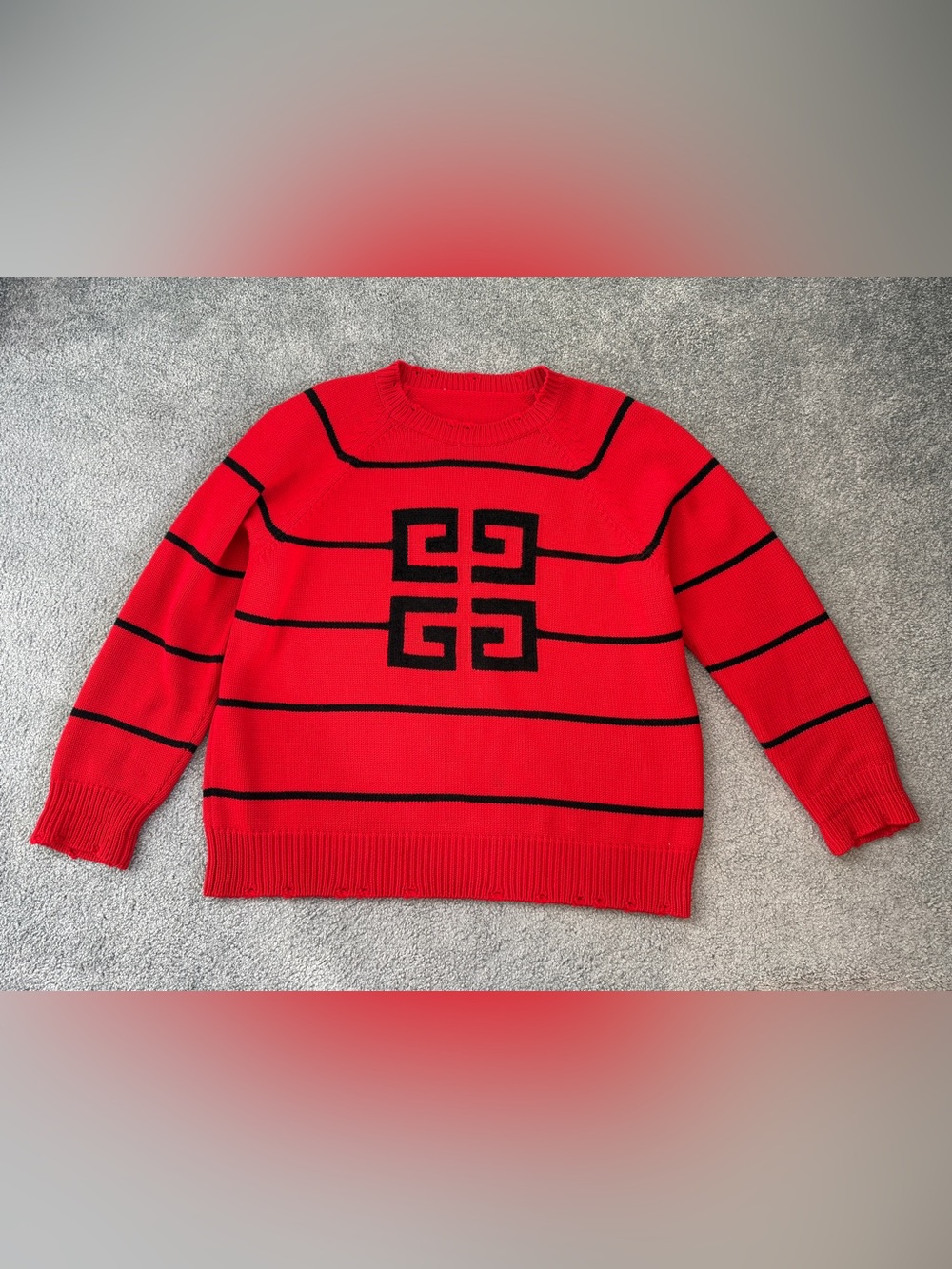 euc Givenchy 4 G logo Red Black Striped Crewneck wool Sweater M medium womens